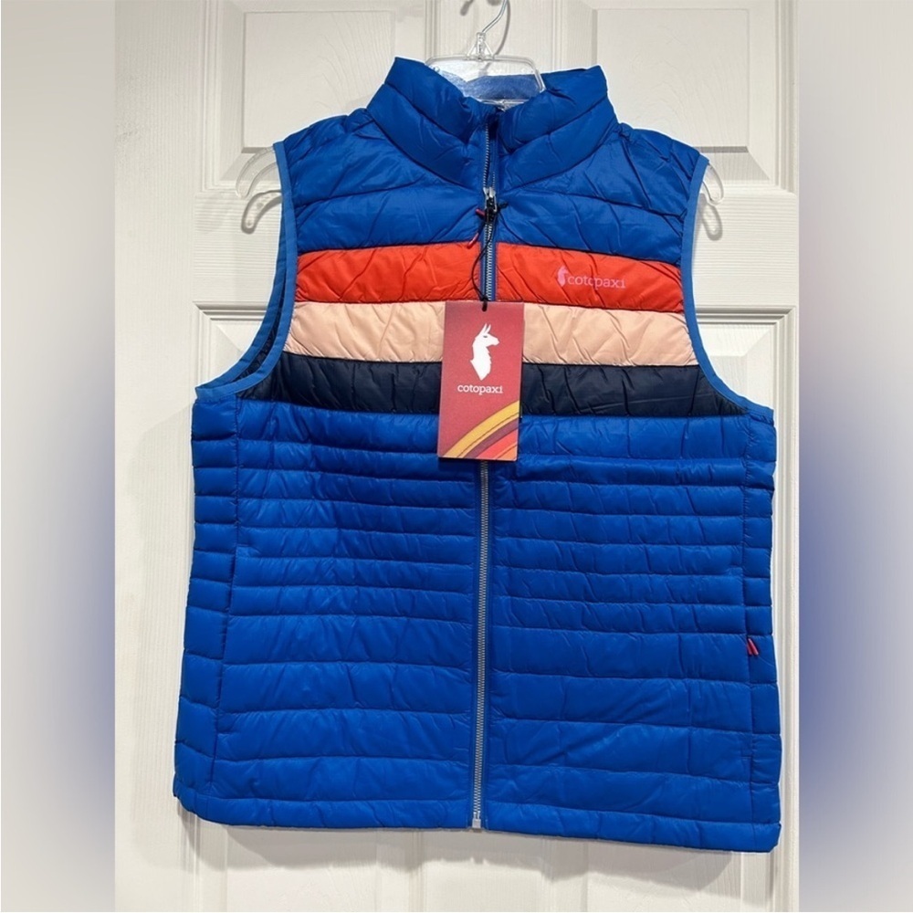 Cotopaxi Women’s Large Fuego Down Insulated Puff Vest Blue Atlantic Stripes NWT
